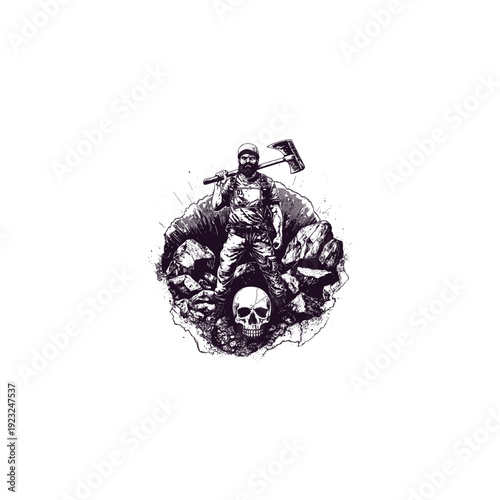 illustration of a bearded woodsman or lumberjack holding an axe, standing with a skull, rugged outdoor adventure concept