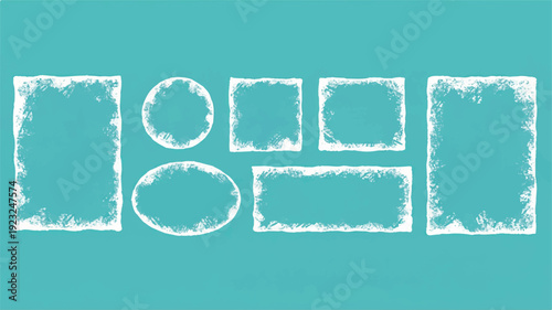 Set of 7 hand-drawn chalk circle frames, turquoise background, rustic bohemian artistic borders for design