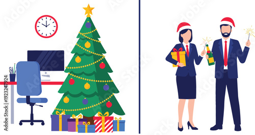 Business office Christmas celebration set featuring decorated tree with gifts and professional colleagues in Santa hats with champagne and sparklers