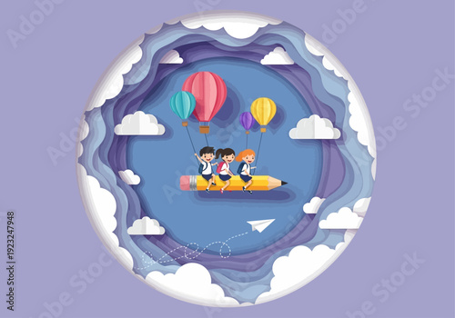 Back to School Paper Cut Illustration of Children Flying on Pencil with Balloons