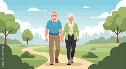 Elderly Couple Enjoying a Walk in the Park Hand in Hand with Serene Background