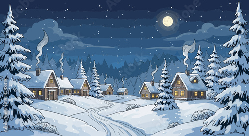 Enchanting winter village scene with snow-covered houses and illuminated windows under a starry sky