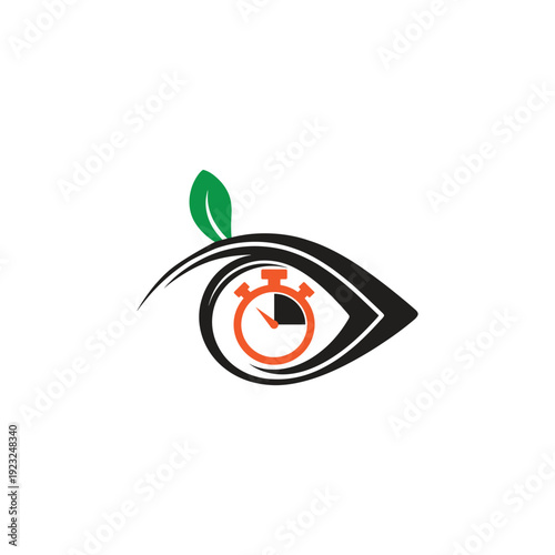 Stylized Human Eye with Stopwatch Inside and Green Leaf Accent, Conceptual Symbol for Time Management and Vision, Isolated on Transparent Background