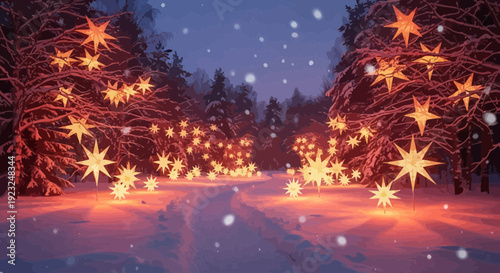 Enchanting Winter Wonderland: A snowy path illuminated by glowing stars in a forest landscape