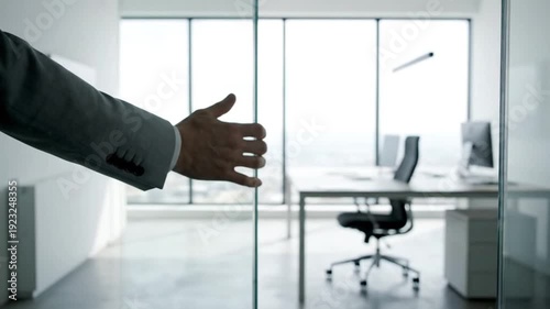 Businessman Opening Office Door Entering Workspace.