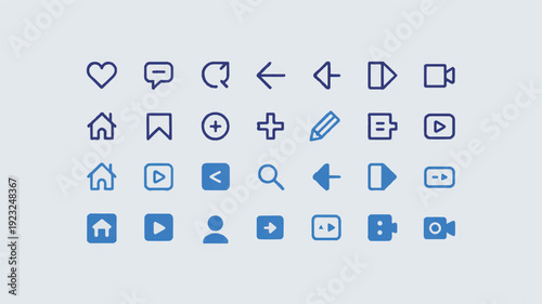 20 minimalist social media icons on white background, clean grid arrangement of essential digital symbols
