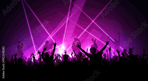 Energetic crowd silhouette at a vibrant music festival with laser lightshow creating a lively
