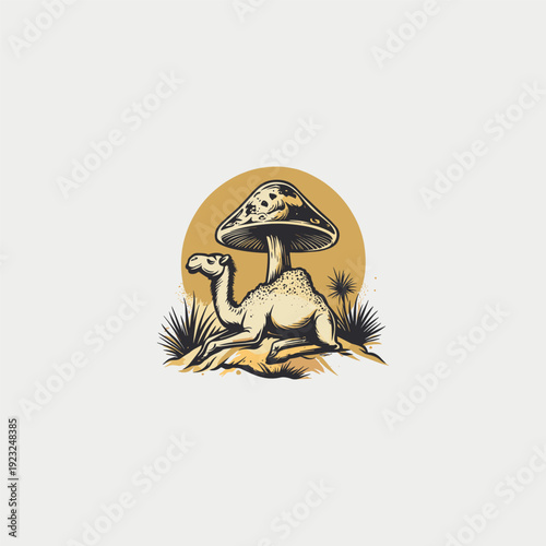 Unique desert scene illustration featuring a resting camel beside a large giant mushroom