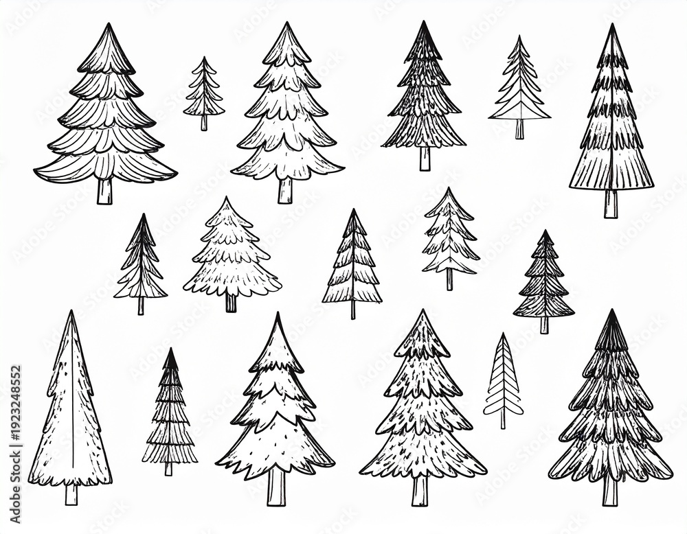 Obraz premium Detailed Black and White Illustration of Various Christmas Trees in a Forest Setting.