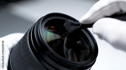 Cleaning Camera Lens with Gloved Hands.