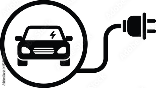 Black electric car symbol with charging plug and lightning bolt