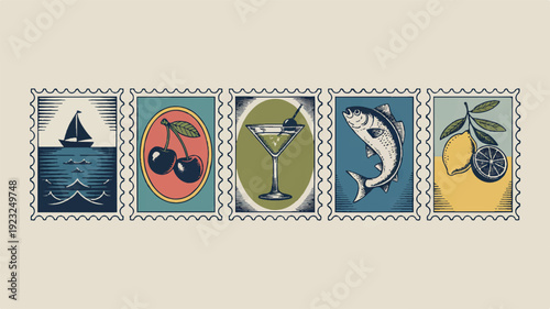 Set of five vintage postage stamps with ornate borders and scalloped edges, arranged cohesively.