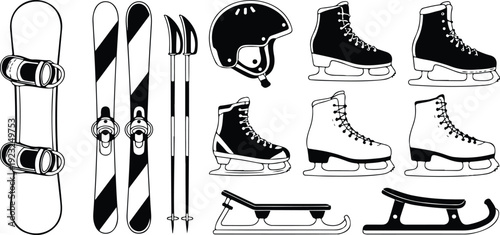 A black and white line art illustration of winter sports equipment arranged in a grid layout.