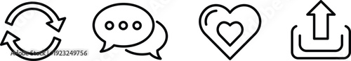 Four black outline refresh chat heart upload on white background social media love data transfer