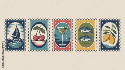 Set of five vintage postage stamps with ornate borders and scalloped edges, arranged cohesively.