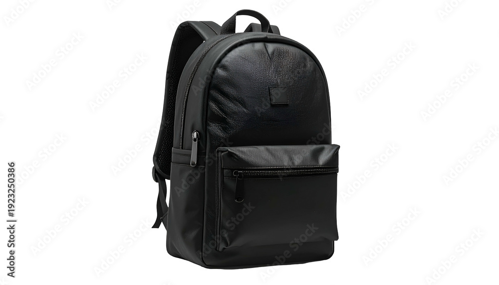 Fototapeta premium A sleek, black backpack, featuring a main compartment, front pocket, and a top handle. It has a minimalist design and a modern look