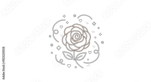 Elegant rose illustration with hearts stars and swirling lines on white background for decoration