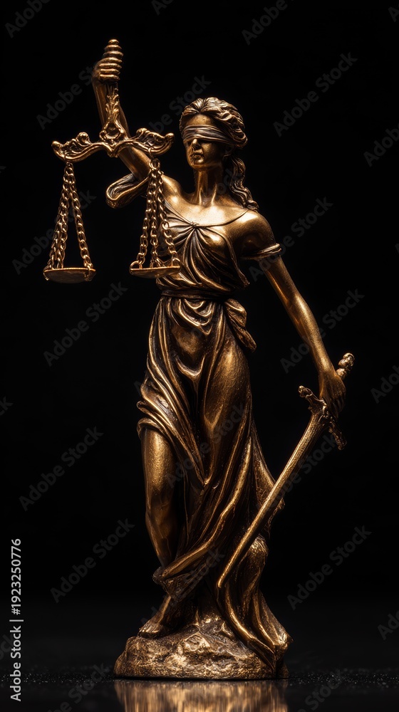 Fototapeta premium Elegant gold statue of Lady Justice with scales and sword set against a black background with focus on detail and reflection