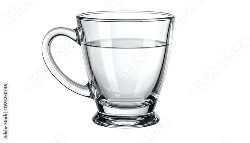 A transparent glass mug, partially filled with clear liquid, set against a black backdrop, showcasing simplicity and purity