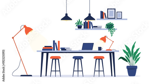 Long office desk with stools lamps and books in a modern minimalist workspace with plant decor and wall shelves in a flat style.