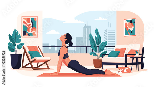 Young woman practicing yoga in a cobra pose on a balcony with a scenic city skyline view in a bright and airy apartment setting.