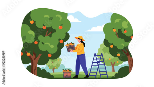 Hardworking woman picking fresh ripe oranges from trees in a lush sunlit orchard using a ladder and wooden baskets during harvest season.