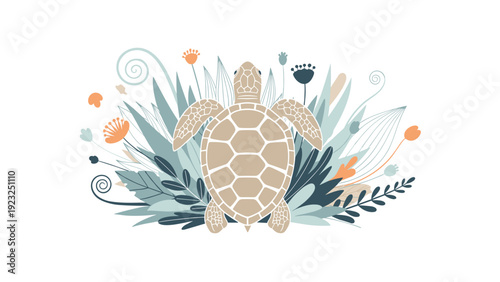 Graceful sea turtle positioned in the center of a decorative arrangement of stylized blue and orange seaweed, corals, and underwater flora.