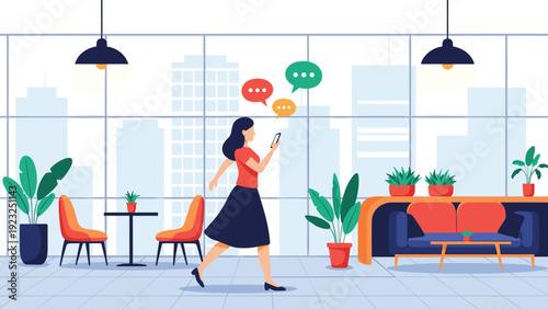 Modern woman walking through a stylish lounge while using her smartphone for social media or messaging with a large city view in the background.