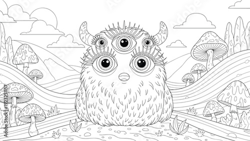 Whimsical furry monster with multiple eyes standing in a fantastical landscape filled with large mushrooms for creative coloring activities.