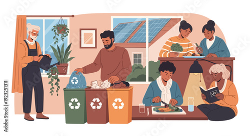 Family practicing sustainable living at home with recycling and solar panels
