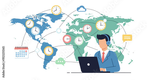 Global Business Communication: Man with Laptop and World Map with Time Zones