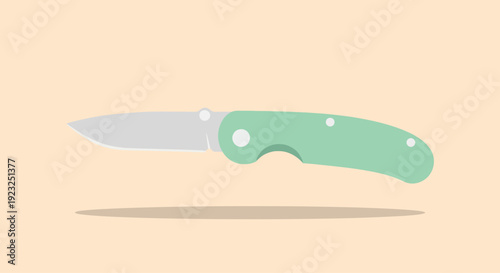 Green Folding Pocket Knife Isolated on Beige Background with Shadow