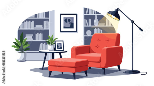 Inviting modern reading nook featuring a comfortable red armchair, a matching ottoman, a small table with plants, and full bookshelves.