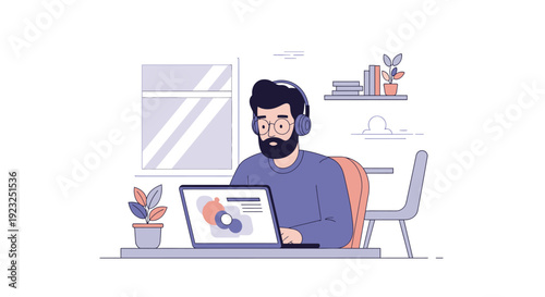 Man with headphones working on laptop at desk, home office, remote work, online learning