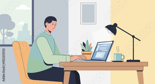Man working on laptop at desk, home office, remote work, focused, modern workspace