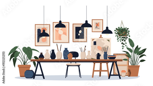 Beautiful artist studio filled with various pottery jars, paintings on the wall, paintbrushes in vases, and lush green plants around a wooden table.