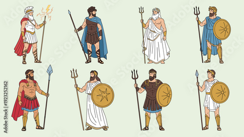 Comprehensive collection of various ancient greek gods and warriors in traditional attire with spears, tridents, lightning, and powerful shields.
