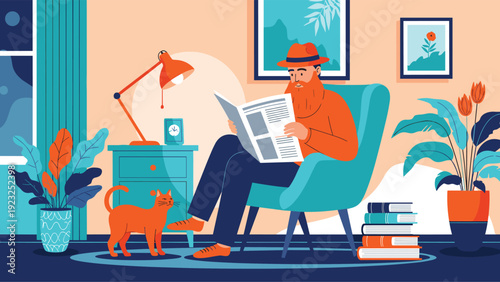 Relaxed bearded man in a hat sitting in an armchair reads a newspaper in a cozy living room with his cat, plants, and books for company at night.