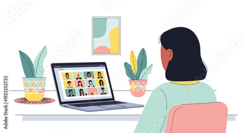Woman attending online meeting via video conference on laptop, remote work and communication