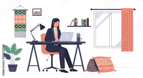 Woman working from home on laptop, wearing headphones, in a cozy home office setup.