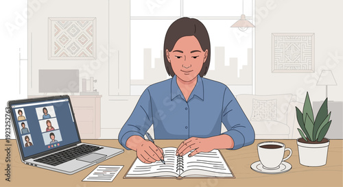 Woman working from home on laptop and notebook, video conference call, coffee and plant