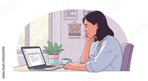 Young woman working on laptop at desk, thoughtful expression, home office setting