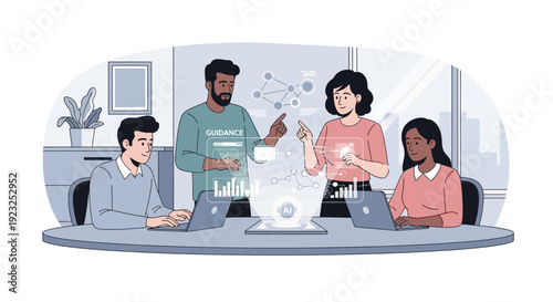 Diverse team collaborating on AI strategy using holographic interface in modern office