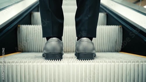 Man Riding Escalator in Business Attire.