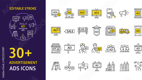 Professional advertisement and marketing line icon set featuring digital ads billboard signage social media promotion and broadcasting symbols