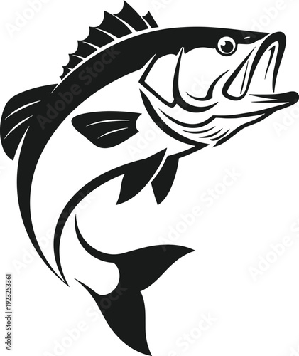 Leaping bass fish silhouette with detailed fins and scales, dynamic aquatic wildlife illustration, fishing sport icon, vector design element