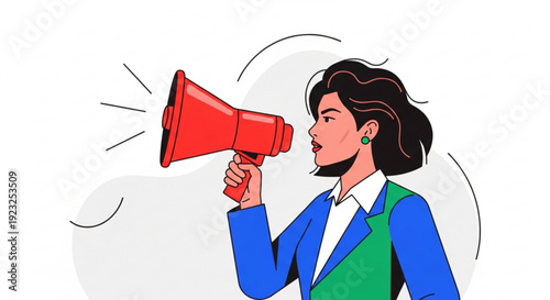Woman holding red megaphone speaking loudly with confident expression business professional communication