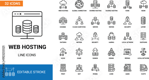 Professional web hosting and cloud computing line icon set featuring server data storage global network security and database