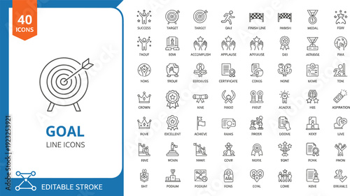 Strategic goal orientation and performance line icon set featuring business targets objective pursuit benchmarks progress tracking and ambition