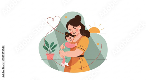 Loving mother holding baby with heart and plant in background sunny day warm family moment